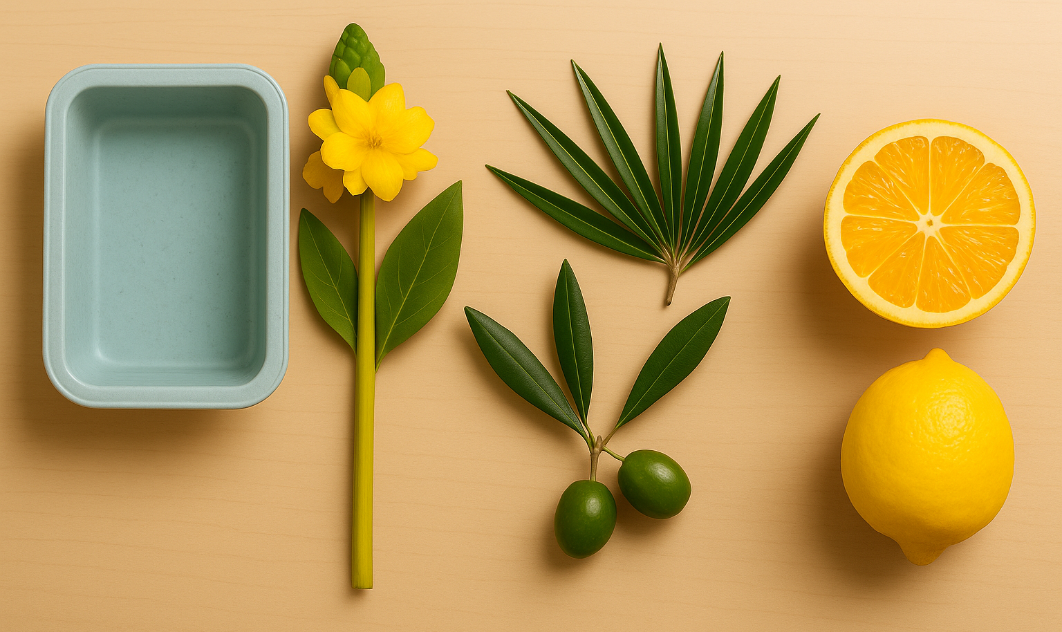 AI generated image image showing a plastic Tupperware, olives, citrus, and plants.