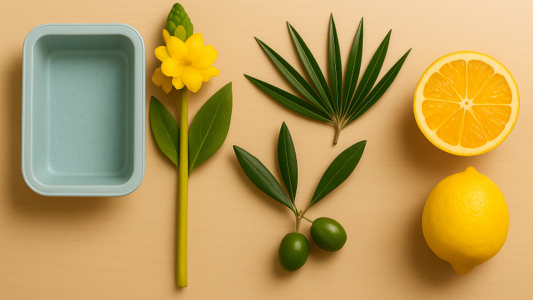 AI generated image image showing a plastic Tupperware, olives, citrus, and plants.